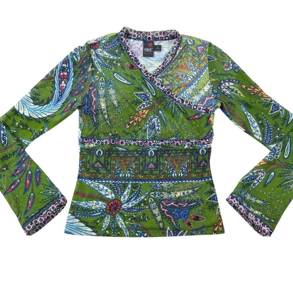 Y2K Fairy Mesh Top Womens Med Green Paisley Sheer Maximalist Bohemian Eclectic
